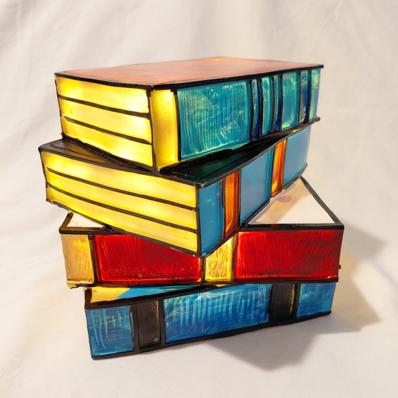 Colorful Stained Glass Style Stacked Book Lamp Night Light Home Decor - Picture 3 of 8